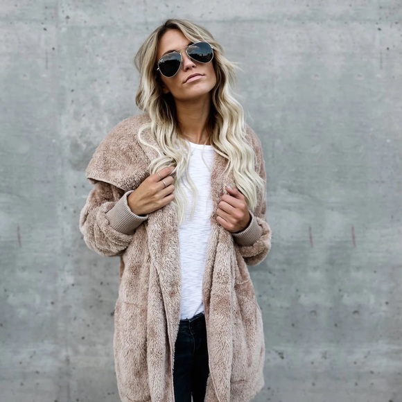 Tan Super Soft Cozy Pocket Hood Sherpa Lightweight Fleece Teddy Cardigan Coat - Picture 5 of 11